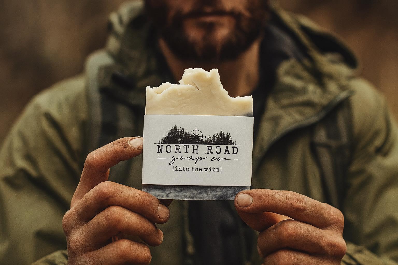 A man in a green coat holds a bar of soap out infront of him