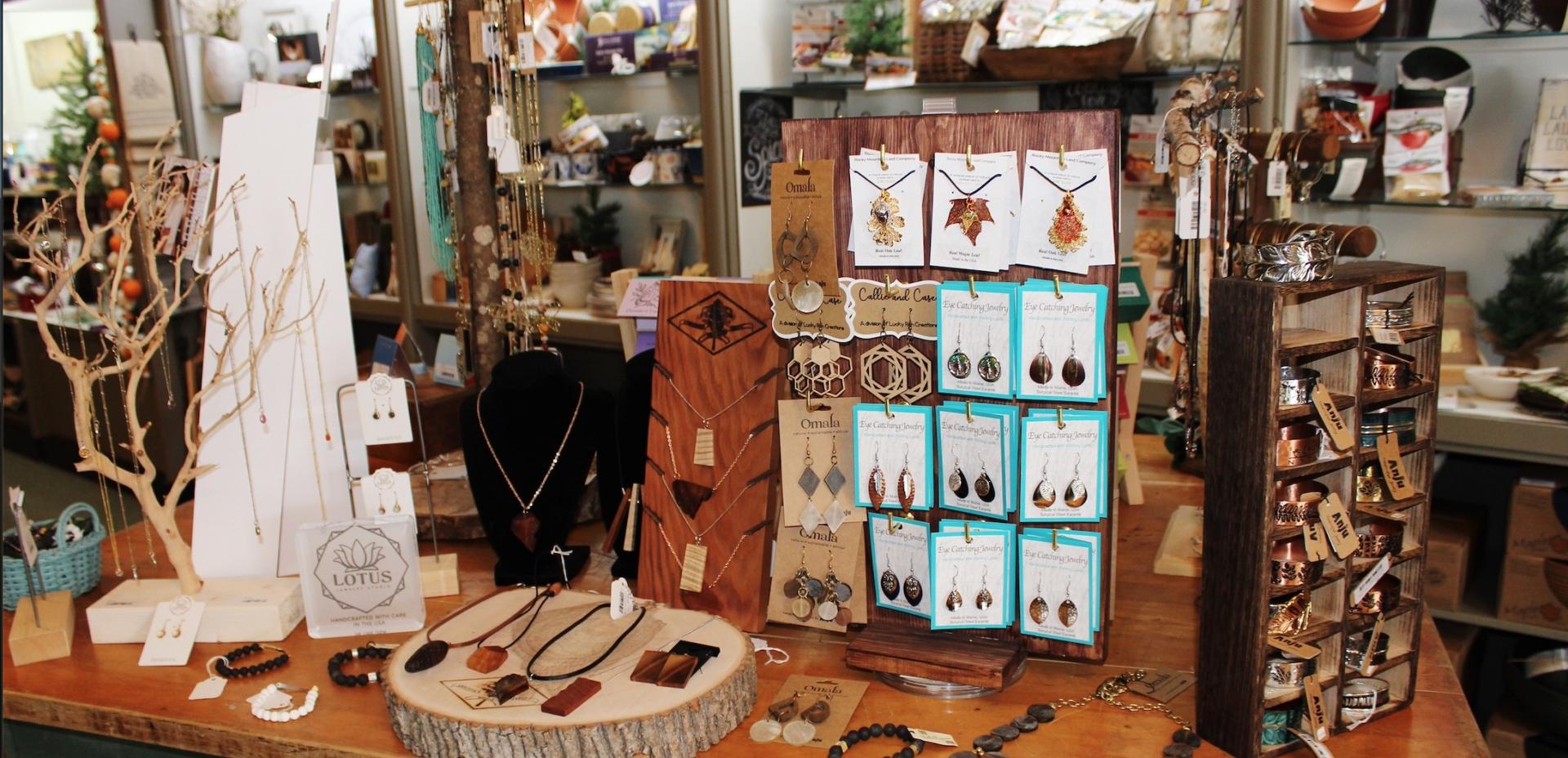 An assortment of jewelry on display at Fox and Fern.