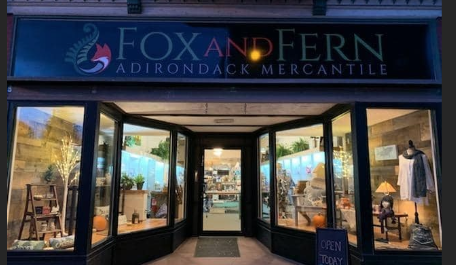 The large glass entry way to Fox and Fern.