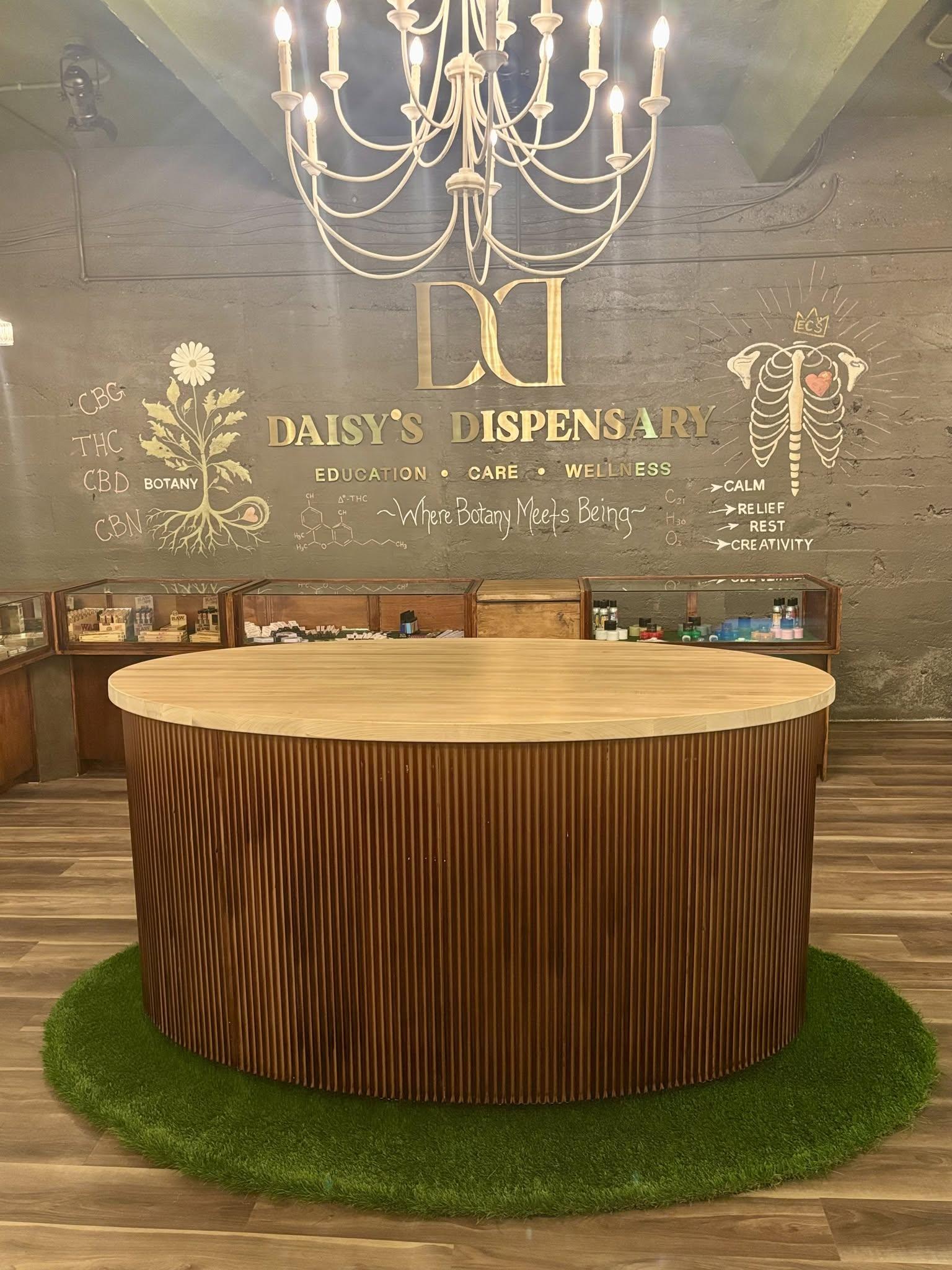 A large counter in the center of a warm room