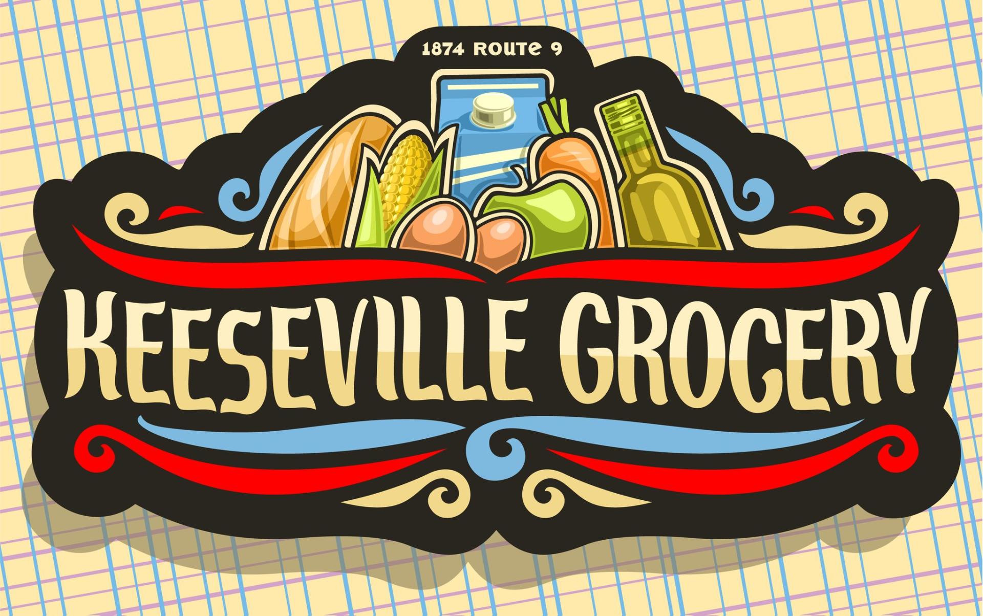 Keeseville Grocery logo with bright illustrations of bread